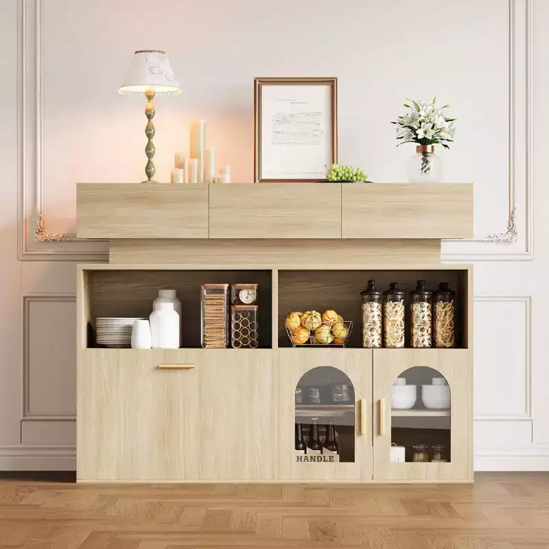 Meuble de bar à café en bois, rangement de cuisine avec 3 tiroirs et étagère réglable, buffet/crédence pour salle à manger