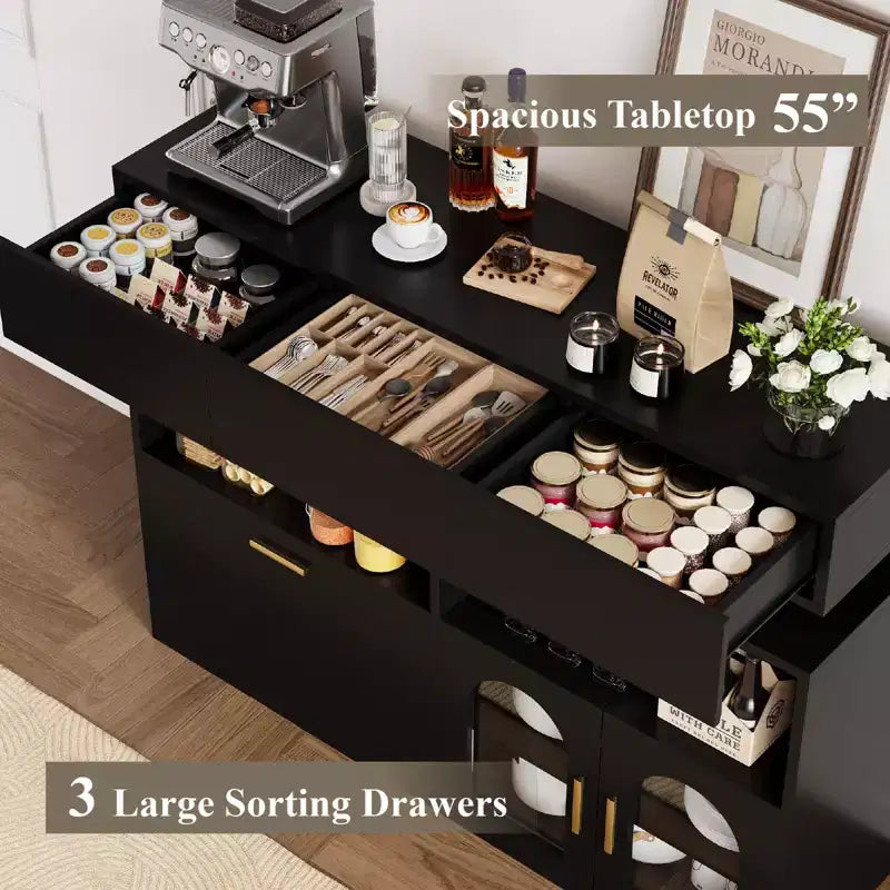Meuble de bar à café en bois, rangement de cuisine avec 3 tiroirs et étagère réglable, buffet/crédence pour salle à manger