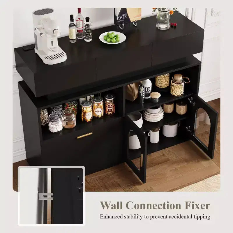 Meuble de bar à café en bois, rangement de cuisine avec 3 tiroirs et étagère réglable, buffet/crédence pour salle à manger