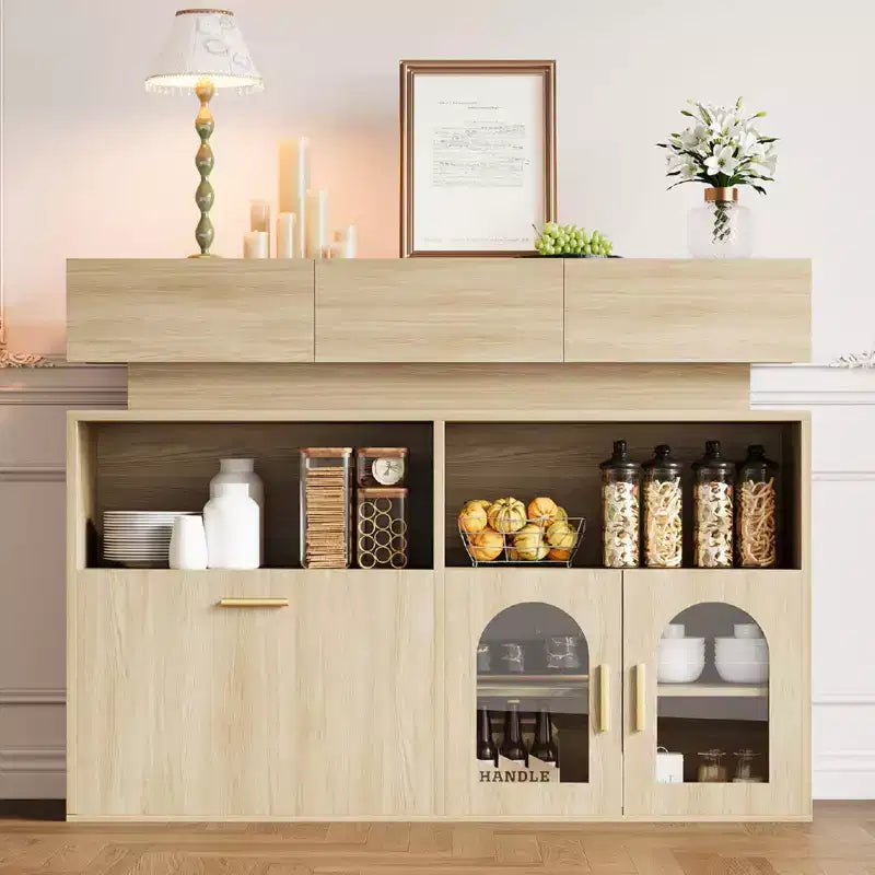 Meuble de bar à café en bois, rangement de cuisine avec 3 tiroirs et étagère réglable, buffet/crédence pour salle à manger
