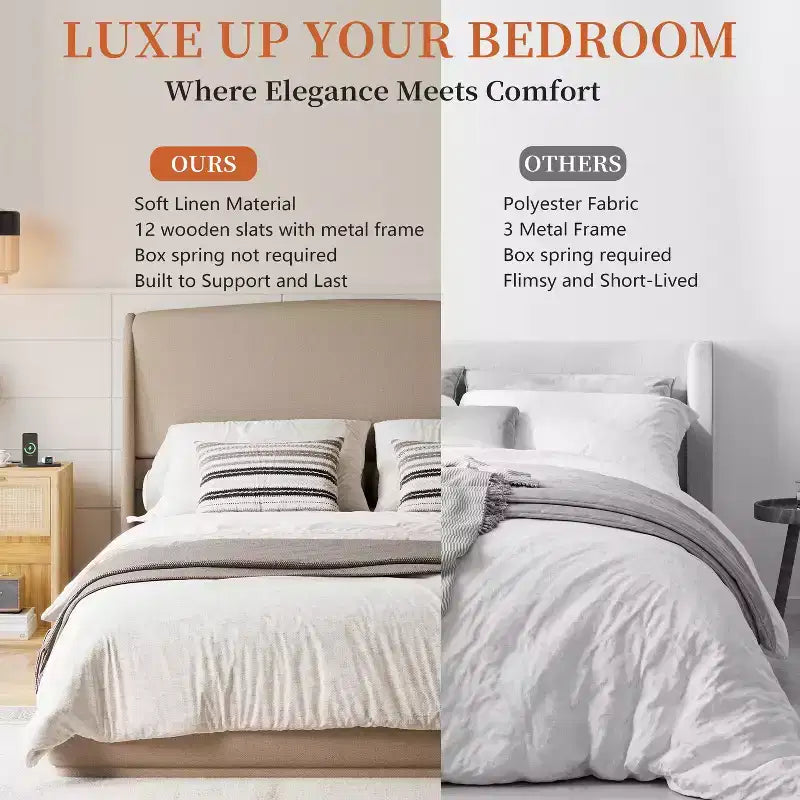 Lit plateforme rembourré double/grand avec tête de lit à dossier ailé, aucun sommier tapissier requis