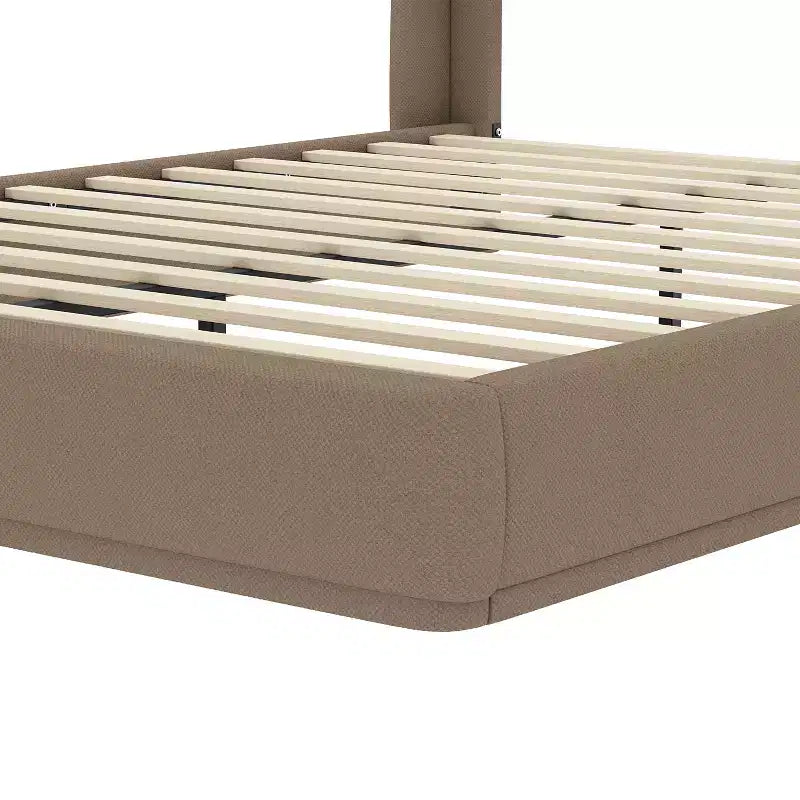 Lit plateforme rembourré double/grand avec tête de lit à dossier ailé, aucun sommier tapissier requis