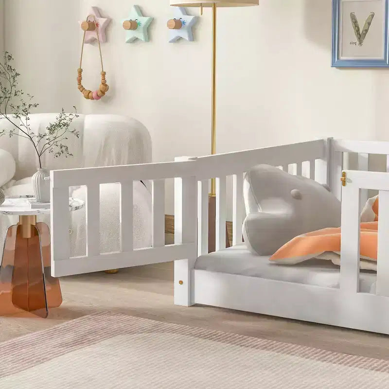 Lit double superposé avec clôture et porte, cadre de lit en bois massif pour tout-petits
