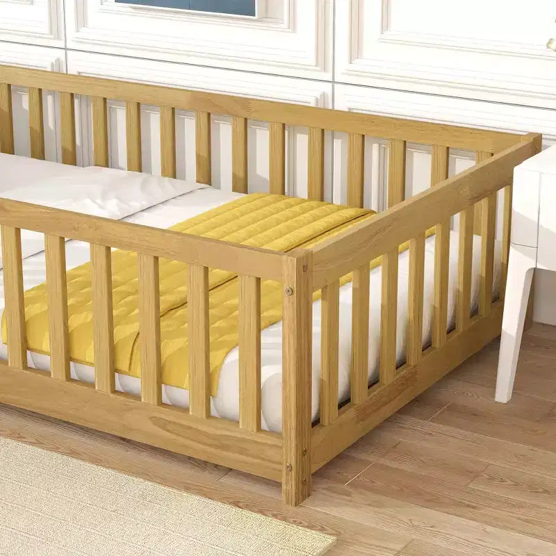 Lit double superposé avec clôture et porte, cadre de lit en bois massif pour tout-petits
