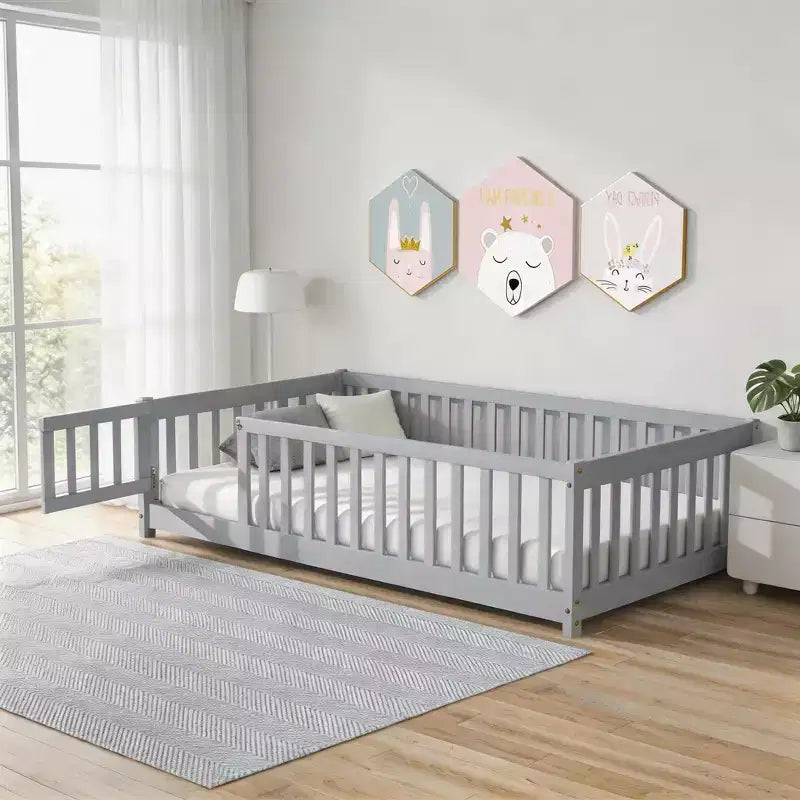Lit double superposé avec clôture et porte, cadre de lit en bois massif pour tout-petits