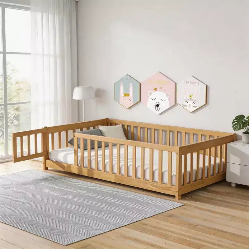 Lit double superposé avec clôture et porte, cadre de lit en bois massif pour tout-petits
