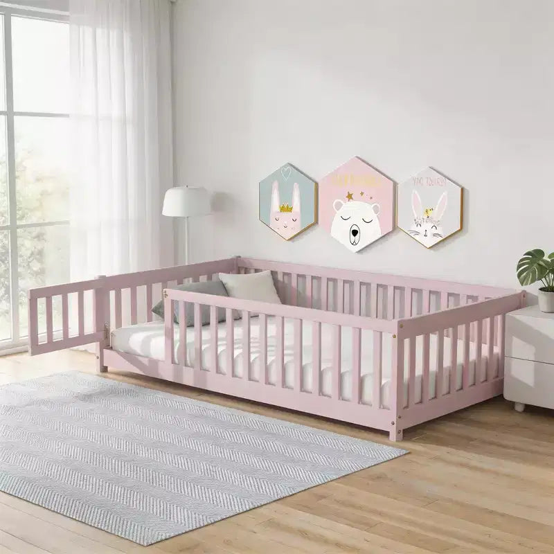 Lit double superposé avec clôture et porte, cadre de lit en bois massif pour tout-petits