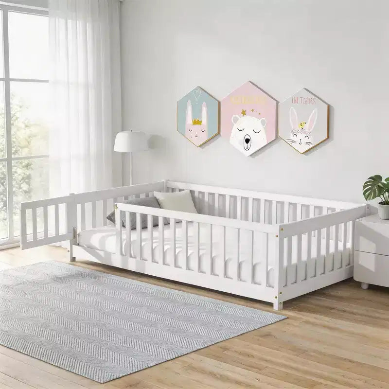 Lit double superposé avec clôture et porte, cadre de lit en bois massif pour tout-petits