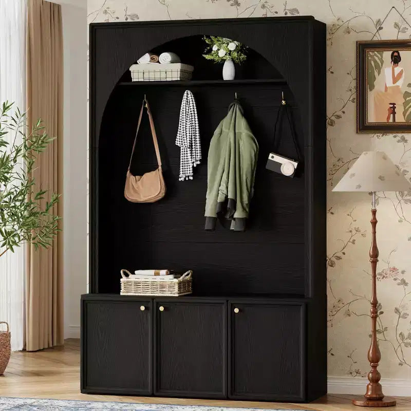 Meuble d'entrée tout-en-un avec patère, banc de rangement et meuble à chaussures, crochets et étagères réglables