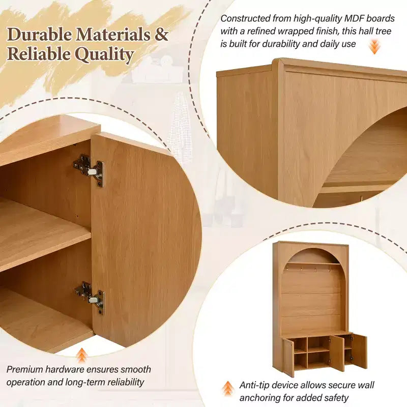 Meuble d'entrée tout-en-un avec patère, banc de rangement et meuble à chaussures, crochets et étagères réglables