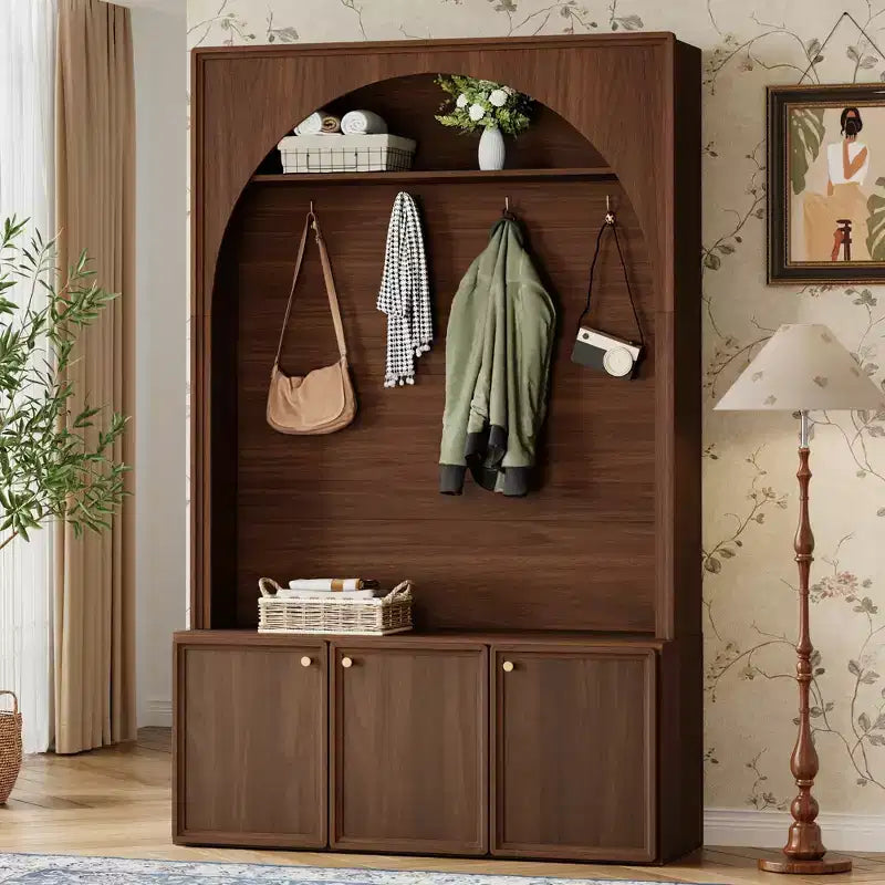 Meuble d'entrée tout-en-un avec patère, banc de rangement et meuble à chaussures, crochets et étagères réglables