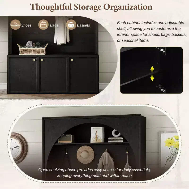 Meuble d'entrée tout-en-un avec patère, banc de rangement et meuble à chaussures, crochets et étagères réglables