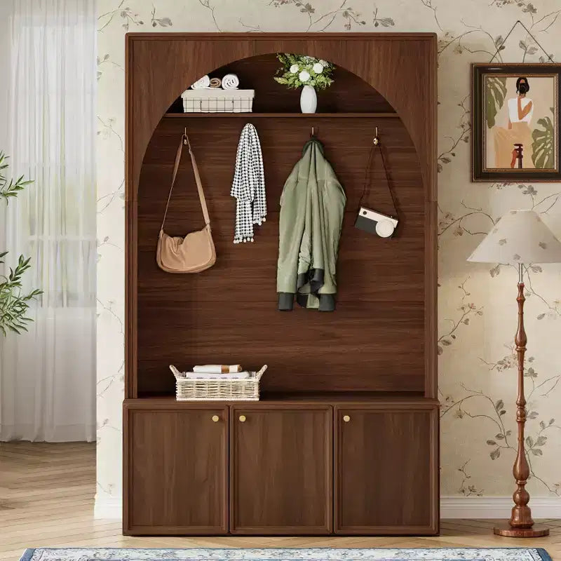 Meuble d'entrée tout-en-un avec patère, banc de rangement et meuble à chaussures, crochets et étagères réglables