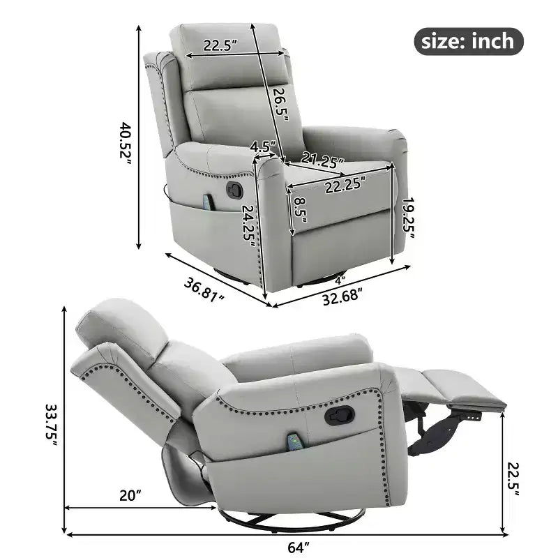 Fauteuil inclinable manuel moderne en cuir PU, fauteuil à bascule pivotant avec 8 points de massage pour salon et salle de cinéma maison