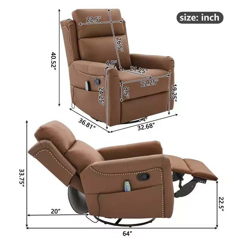 Fauteuil inclinable manuel moderne en cuir PU, fauteuil à bascule pivotant avec 8 points de massage pour salon et salle de cinéma maison