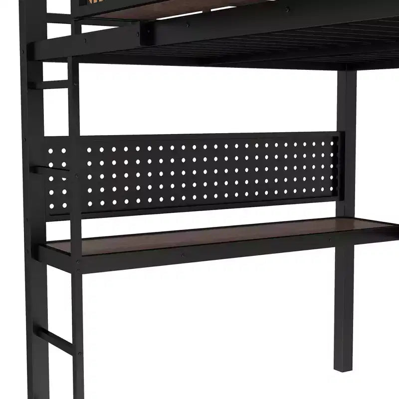 Lit mezzanine en métal double XL/double avec bureau, port de charge, panier de rangement et horloge, noir