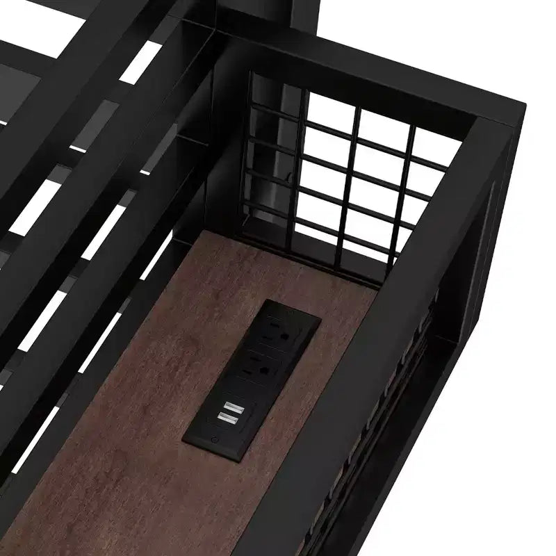 Lit mezzanine en métal double XL/double avec bureau, port de charge, panier de rangement et horloge, noir