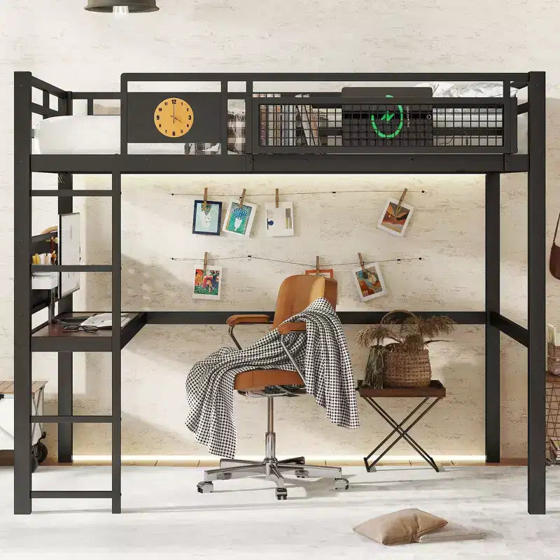 Lit mezzanine en métal double XL/double avec bureau, port de charge, panier de rangement et horloge, noir