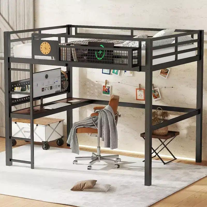 Lit mezzanine en métal double XL/double avec bureau, port de charge, panier de rangement et horloge, noir