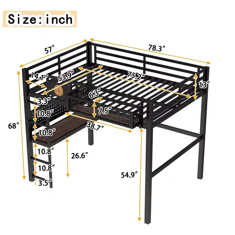 Lit mezzanine en métal double XL/double avec bureau, port de charge, panier de rangement et horloge, noir
