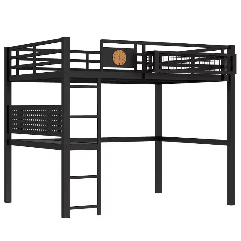 Lit mezzanine en métal double XL/double avec bureau, port de charge, panier de rangement et horloge, noir