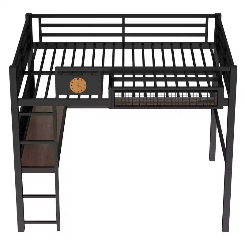 Lit mezzanine en métal double XL/double avec bureau, port de charge, panier de rangement et horloge, noir
