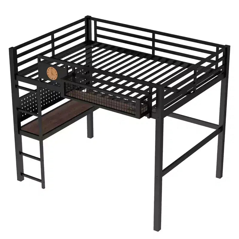 Lit mezzanine en métal double XL/double avec bureau, port de charge, panier de rangement et horloge, noir