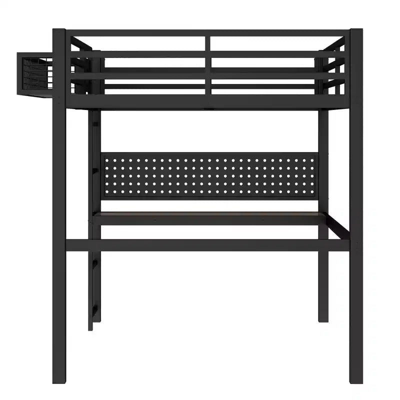 Lit mezzanine en métal double XL/double avec bureau, port de charge, panier de rangement et horloge, noir