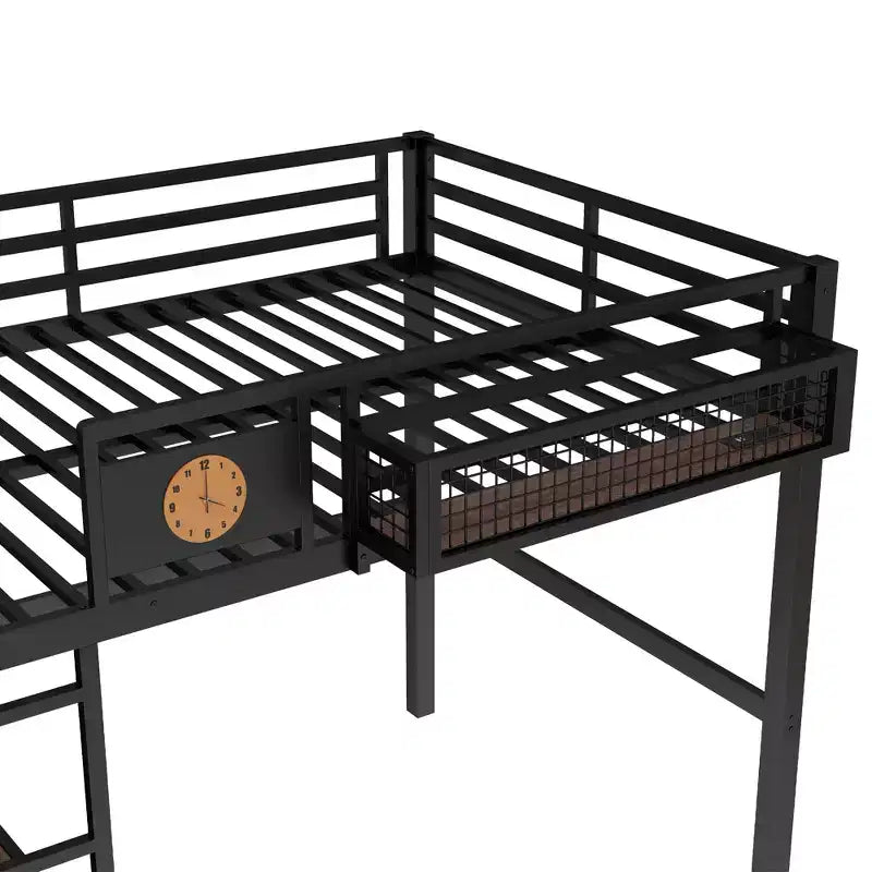 Lit mezzanine en métal double XL/double avec bureau, port de charge, panier de rangement et horloge, noir
