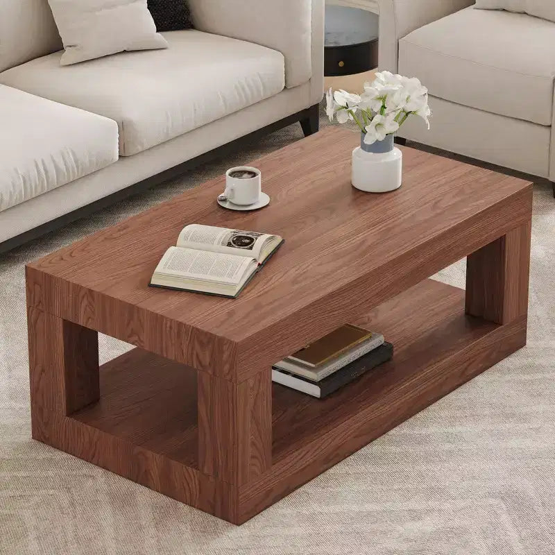 Table basse rectangulaire moderne à 2 niveaux en MDF, étagère de rangement ouverte, table stable et durable pour meubles de salon