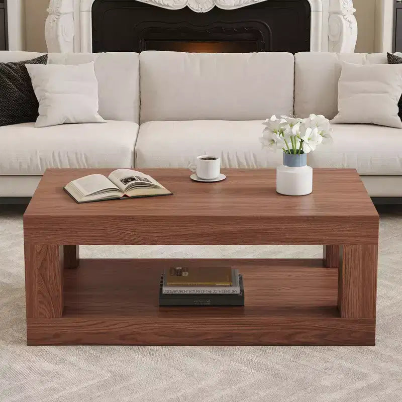 Table basse rectangulaire moderne à 2 niveaux en MDF, étagère de rangement ouverte, table stable et durable pour meubles de salon
