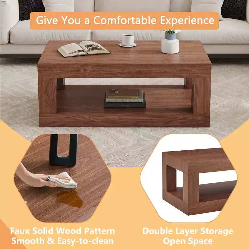 Table basse rectangulaire moderne à 2 niveaux en MDF, étagère de rangement ouverte, table stable et durable pour meubles de salon