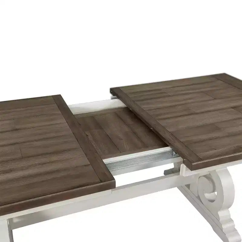 Table à manger extensible de 193 cm - Blanc rustique et chêne français, 8 places, piètement lyre