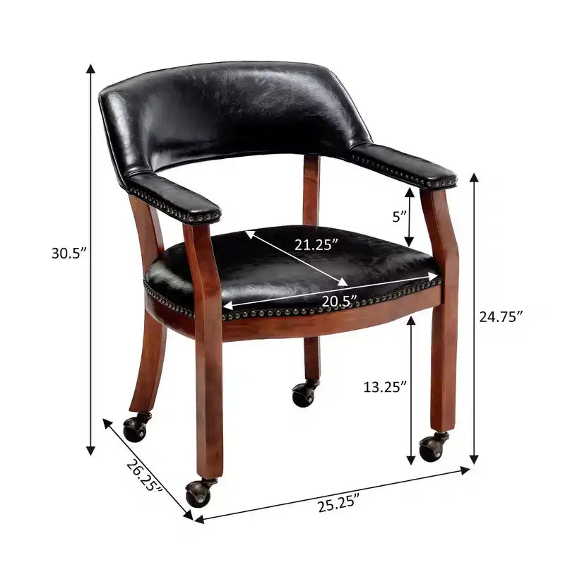 Fauteuil Dillon avec roulettes – Cuir vegan noir, clous décoratifs couleur antique