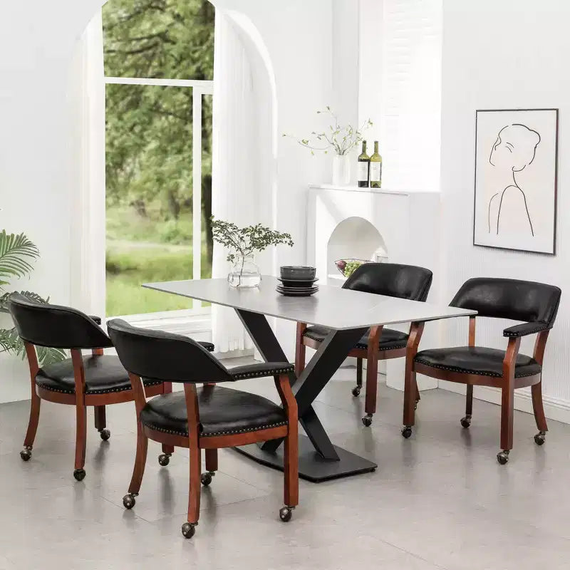 Fauteuil Dillon avec roulettes – Cuir vegan noir, clous décoratifs couleur antique