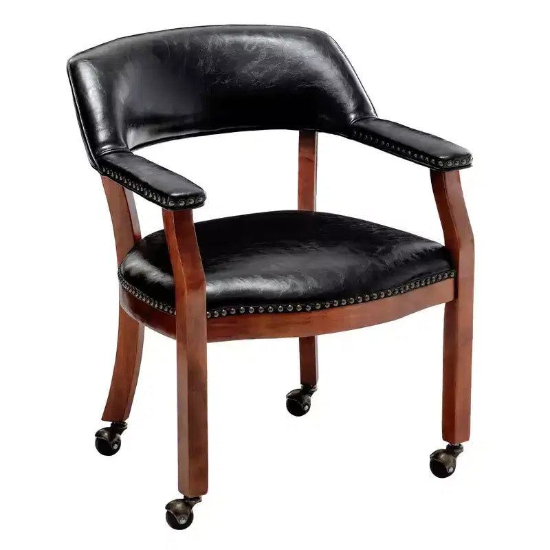 Fauteuil Dillon avec roulettes – Cuir vegan noir, clous décoratifs couleur antique