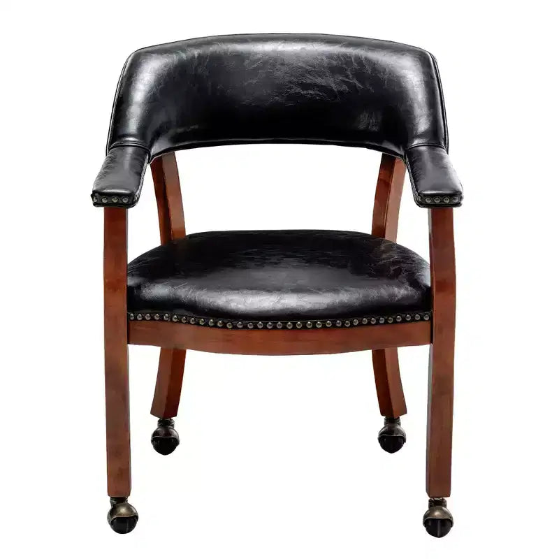 Fauteuil Dillon avec roulettes – Cuir vegan noir, clous décoratifs couleur antique
