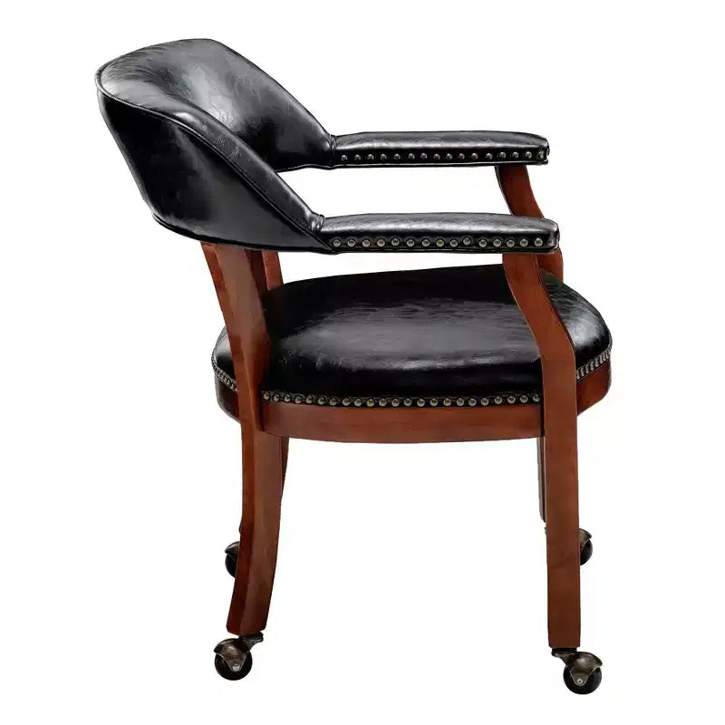 Fauteuil Dillon avec roulettes – Cuir vegan noir, clous décoratifs couleur antique