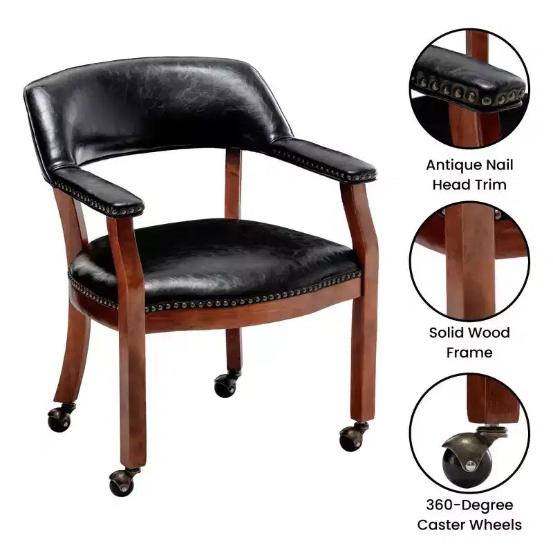 Fauteuil Dillon avec roulettes – Cuir vegan noir, clous décoratifs couleur antique