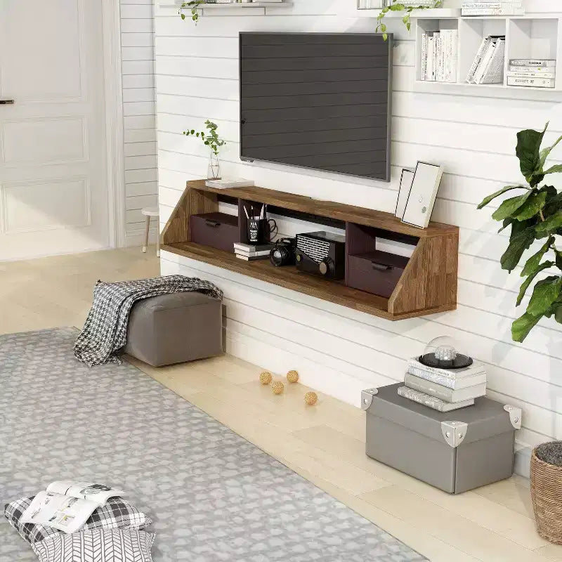 Meuble TV flottant pour téléviseurs jusqu'à 70 po, Noyer clair — Meuble de divertissement moderne mural
