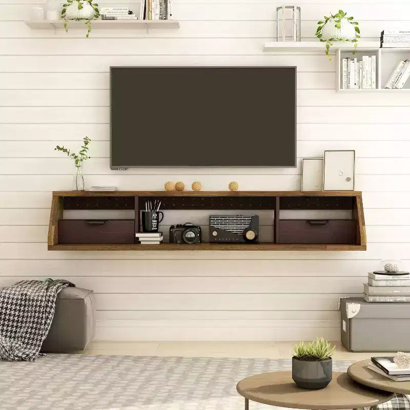 Meuble TV flottant pour téléviseurs jusqu'à 70 po, Noyer clair — Meuble de divertissement moderne mural
