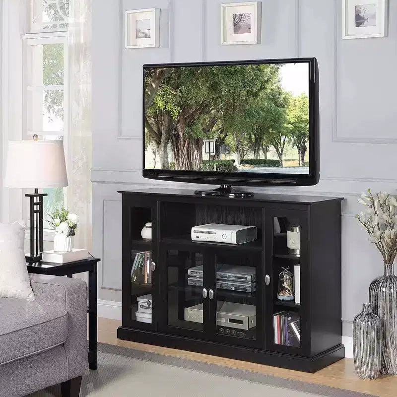 Meuble TV haut de 60" avec 9 étagères et 3 portes vitrées - Noir