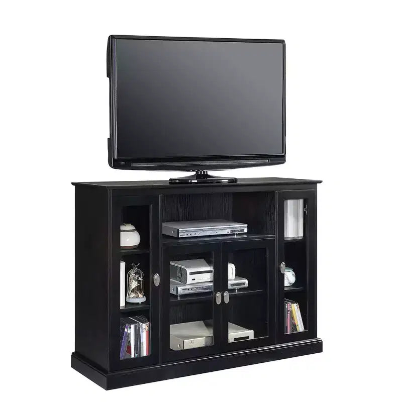Meuble TV haut de 60" avec 9 étagères et 3 portes vitrées - Noir