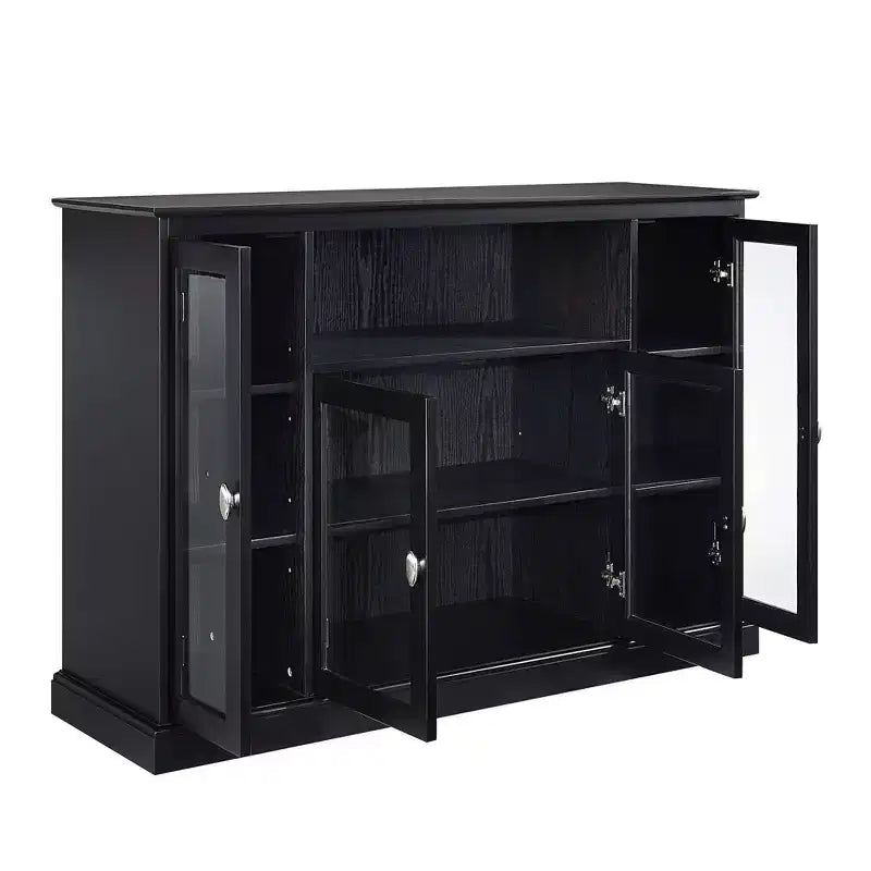 Meuble TV haut de 60" avec 9 étagères et 3 portes vitrées - Noir