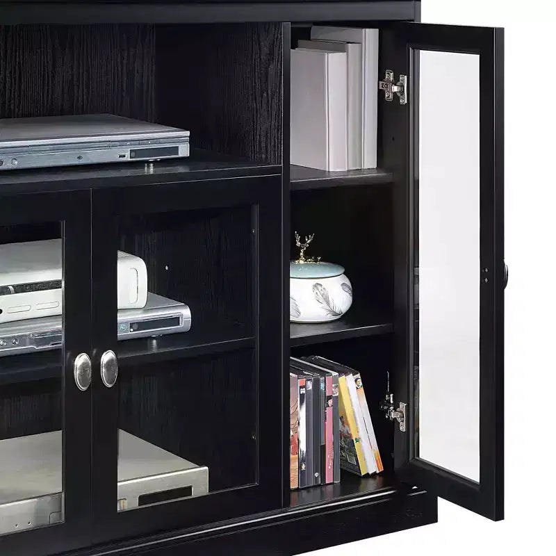 Meuble TV haut de 60" avec 9 étagères et 3 portes vitrées - Noir