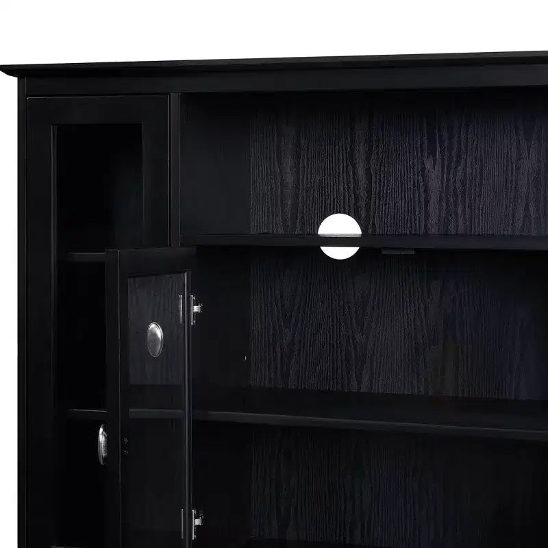 Meuble TV haut de 60" avec 9 étagères et 3 portes vitrées - Noir