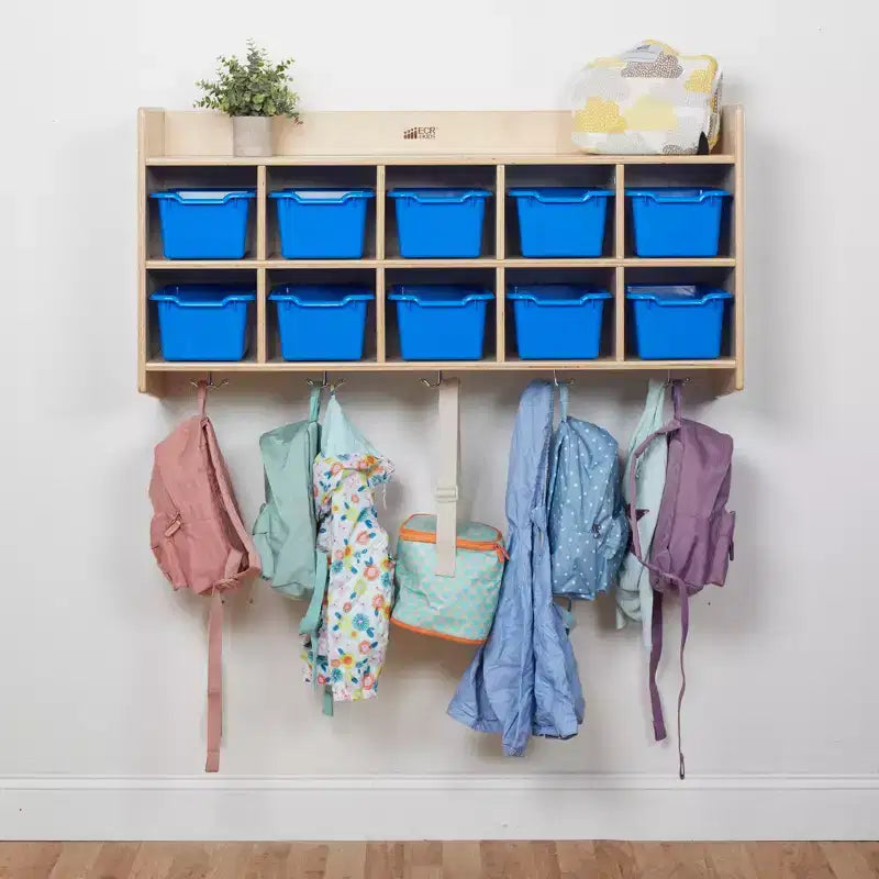 Vestiaire mural à 10 casiers avec étagère et 10 bacs de rangement - Rangement à casiers