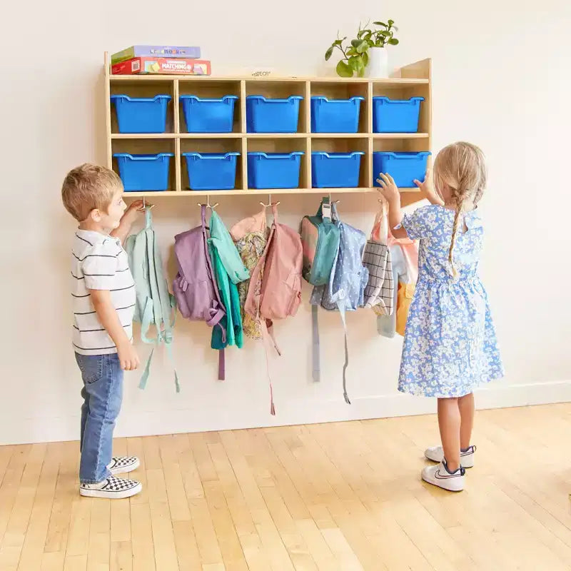 Vestiaire mural à 10 casiers avec étagère et 10 bacs de rangement - Rangement à casiers