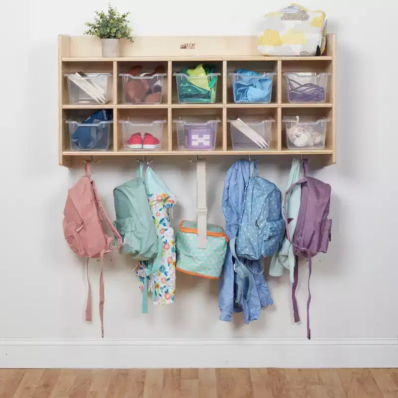Vestiaire mural à 10 casiers avec étagère et 10 bacs de rangement - Rangement à casiers