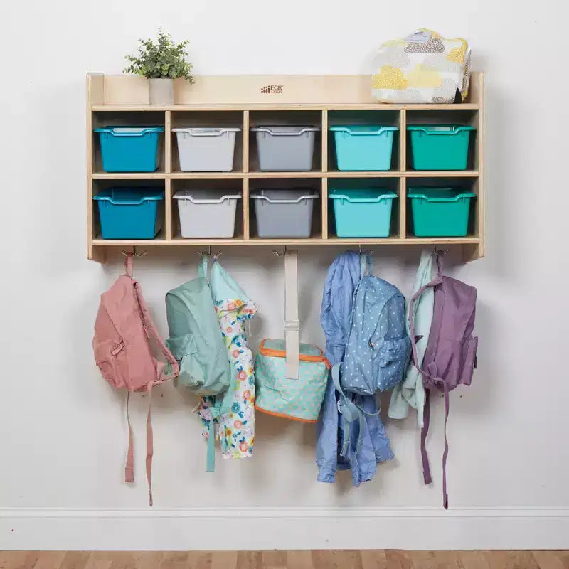 Vestiaire mural à 10 casiers avec étagère et 10 bacs de rangement - Rangement à casiers